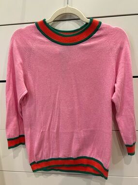 Minnie Rose Pink Crewneck Sweater with Green and Red Trim